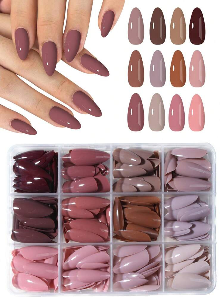 288Pcs(12Mixed)Long Almonds Glossy Design Brown, Light Brown Acrylic Press On Nails Long Perfect ... | SHEIN