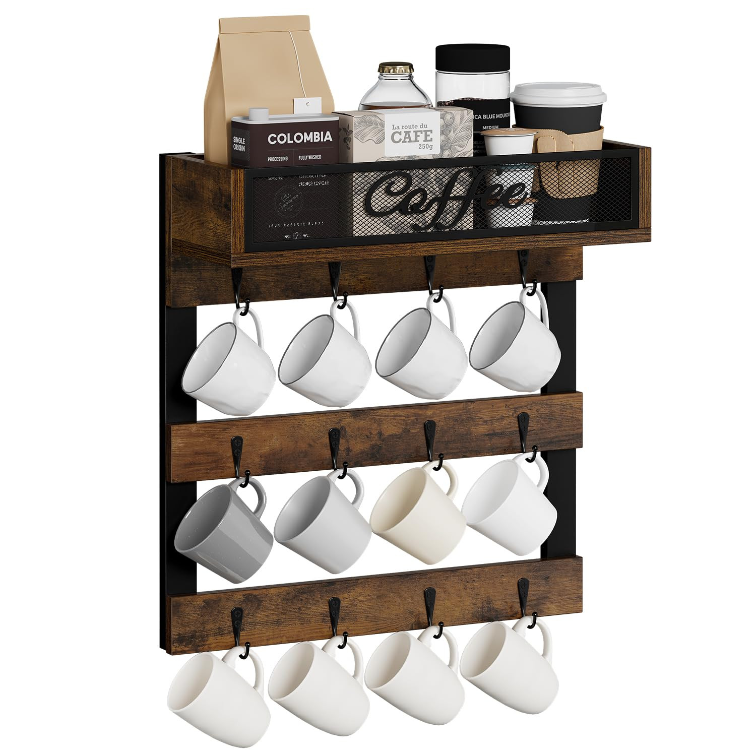 YINMIT Coffee Mug Holder with 12 Hooks, Coffee Cup Holder Wall Mounted with Top Shelf, Mug Organi... | Amazon (US)