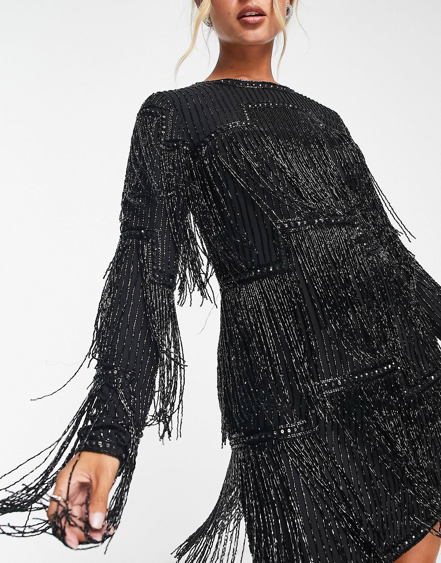 ASOS DESIGN embellished shift mini dress with beaded fringe in black | ASOS (Global)