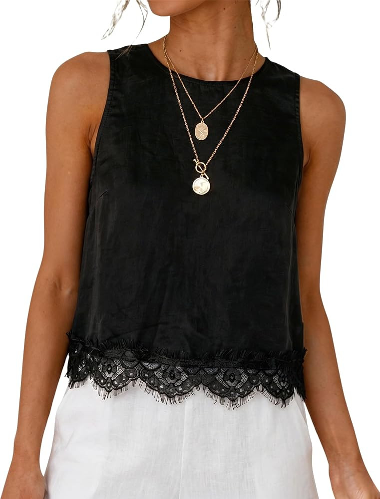 Womens Lace Hem Linen Tank Top Round Neck Sleeveless Solid Color Relaxed Fit Blouses Summer Casua... | Amazon (US)