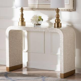 Carlyn 42.9 in. Beige and Gold Specialty Waterfall Capiz Shell Tile Console Table | The Home Depot