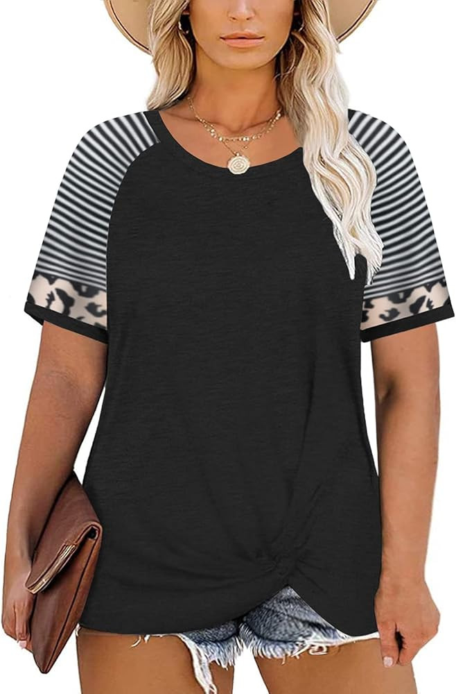 DOLNINE Womens Plus-Size Tops Summer Striped Short Sleeve Shirts Knotted Tunics | Amazon (US)