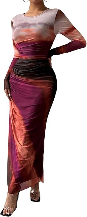 MARZXIN Womens Long Sleeve Maxi Dress Bodycon Ruched Natural Slim Fit Tie Dye Dress Cocktail Dres... | Amazon (US)