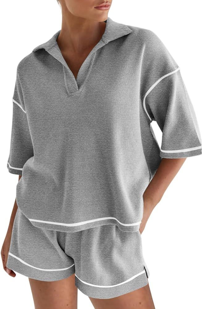 Tankaneo Womens Short Sleeve Pajama Sets Waffle Knit Oversized Top and Shorts Summer 2 Piece Loun... | Amazon (US)