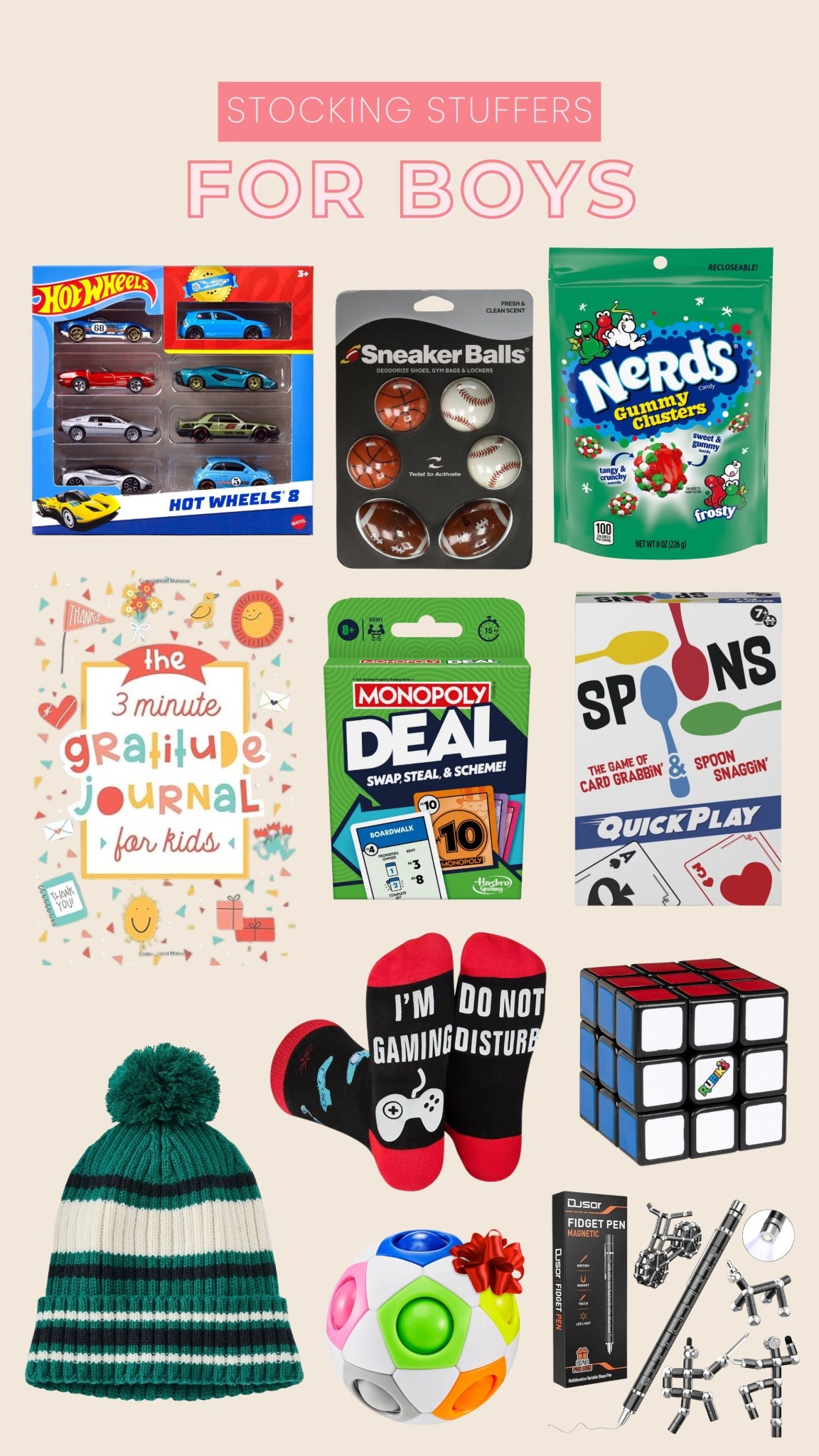 Stocking Stuffers for Boys 


stocking stuffers for boys, stocking stuffers, gift guide, christmas, nerds candy, spoons, sneaker balls, hot wheels, gratitude journal, gaming socks 

#LTKGiftGuide #LTKSeasonal #LTKHoliday