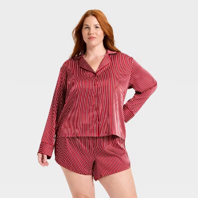 Women's Luxury Collection Satin Notch Collar Long Sleeve Shirt and Shorts Pajama Set - Auden™ | Target