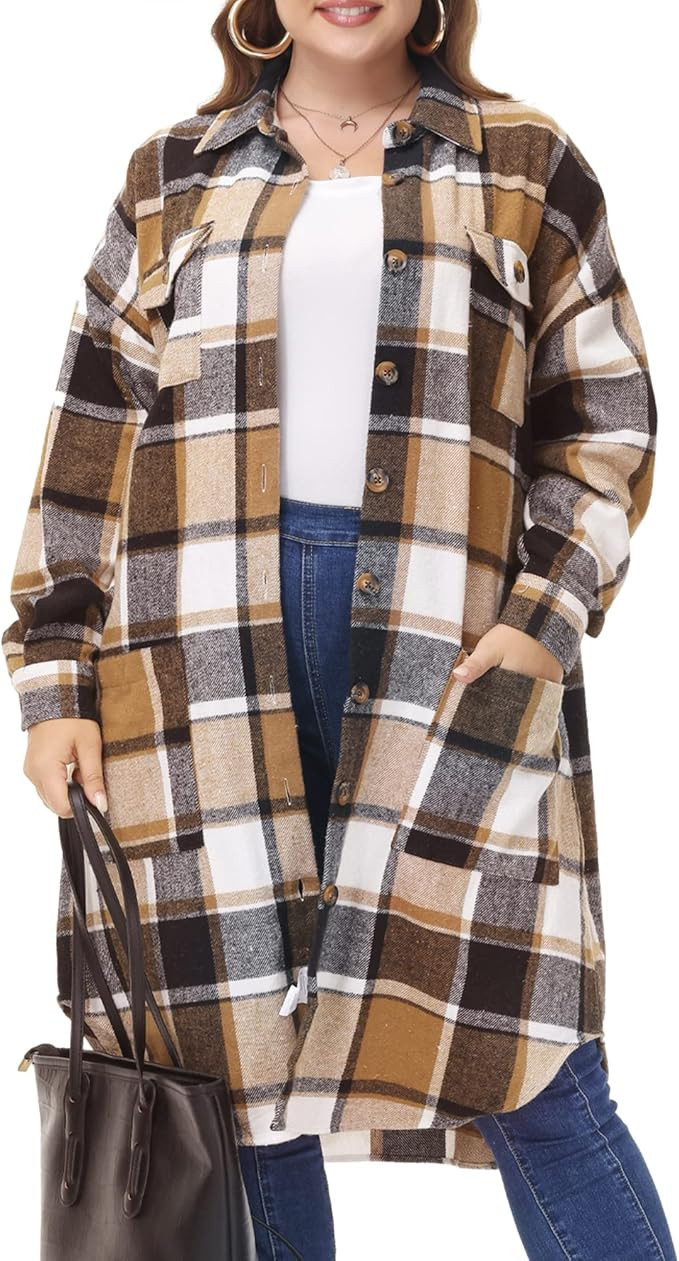 MCEDAR Women's Oversized Long Plaid Shacket Jacket Casual Lapel Long Sleeve Button Down Plus Size... | Amazon (US)