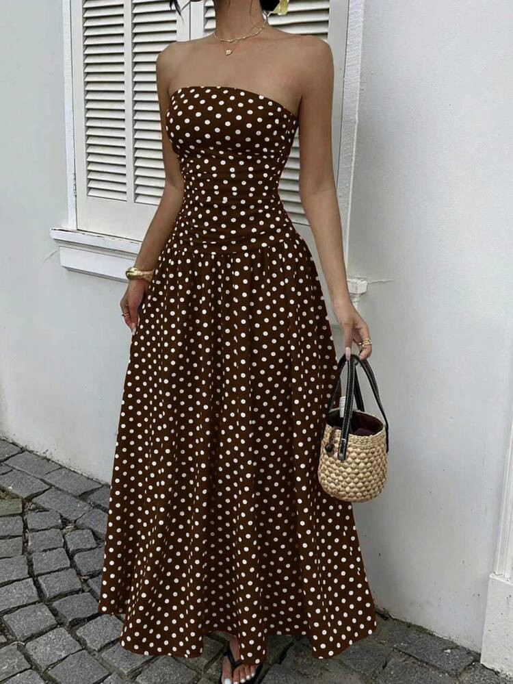 MainGRL Women's Polka Dot Print Waist Cinched Bandeau Dress, Vacation Style,Dresses For Women Casual Sun Dress Long Brown Long Dress Brown Sundress Brown Maxi Dress Brown Polka Dot Dress | SHEIN
