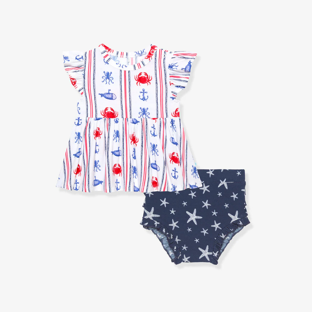 Nautical Blue Ruffled Sleeve Connor Peplum Ruffled Bummie Set | Posh Peanut® | Posh Peanut