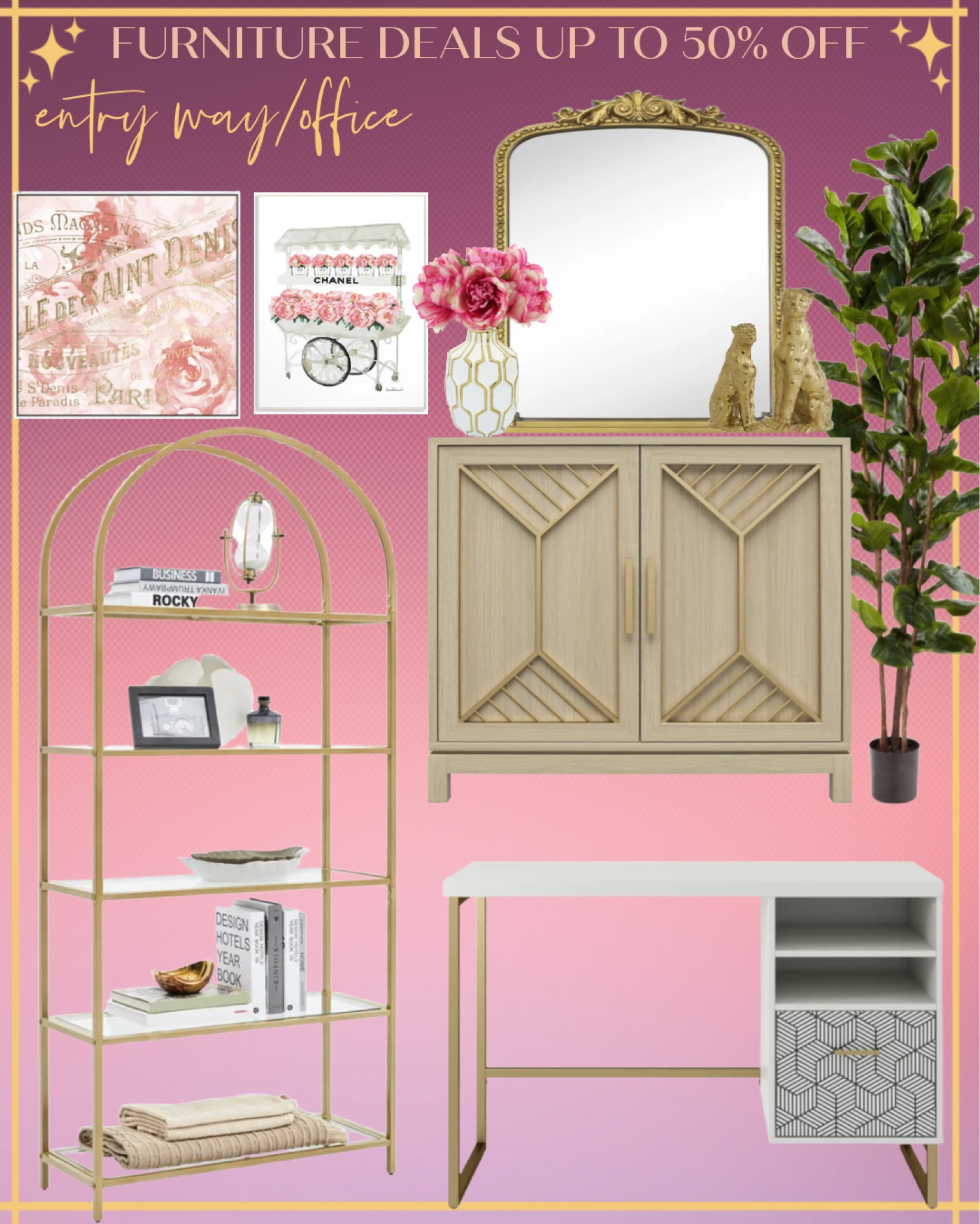 Home sale. Office furniture. Bookshelf. Gold accents. Home office. Office desk. Office wall art. Designer wall art. Designer inspired office. Entryway table. Consul table. Fiddle plant. Potato. Faux plants. Luxe office. White and gold.￼

#LTKSeasonal #LTKsalealert #LTKhome