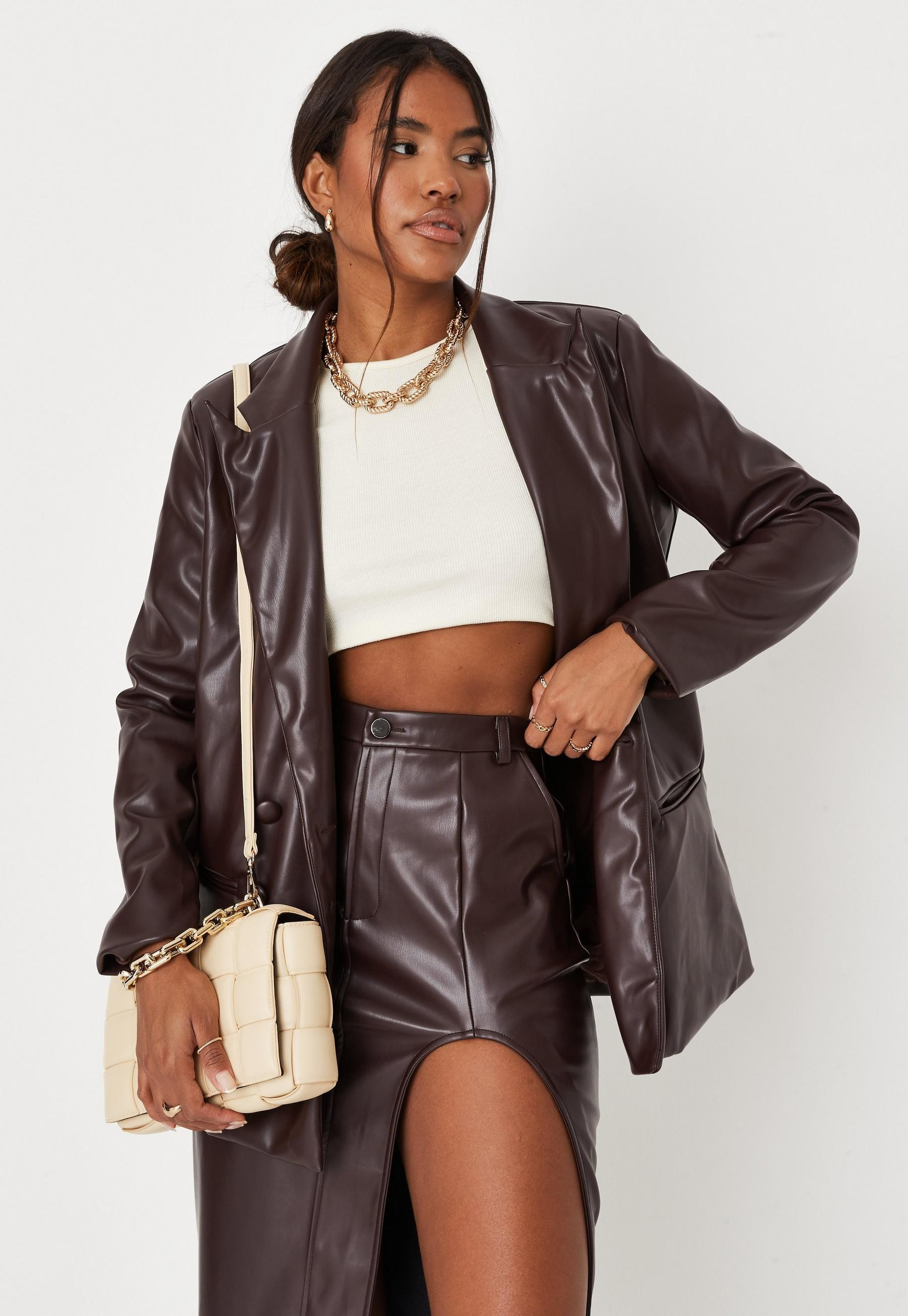 Missguided - Premium Chocolate Faux Leather Oversized Blazer | Missguided (US & CA)