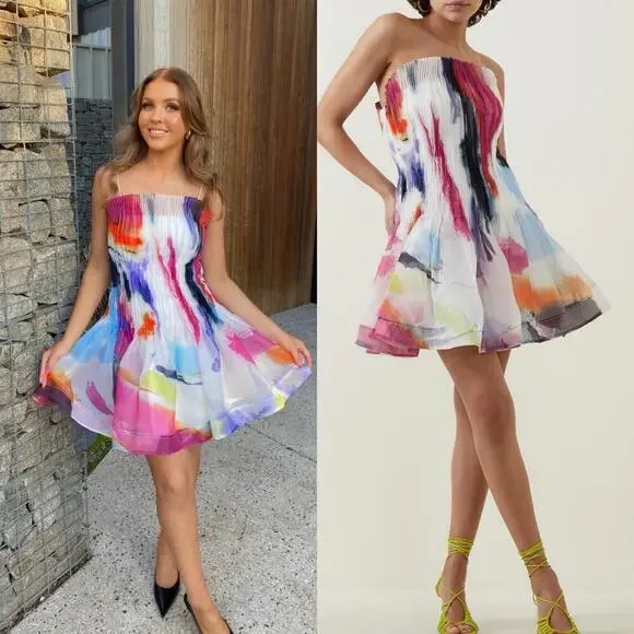 Aje Celestial Pleated Organza Sleeveless Mini Dress Abstract Pink Blue Size 6 | Poshmark