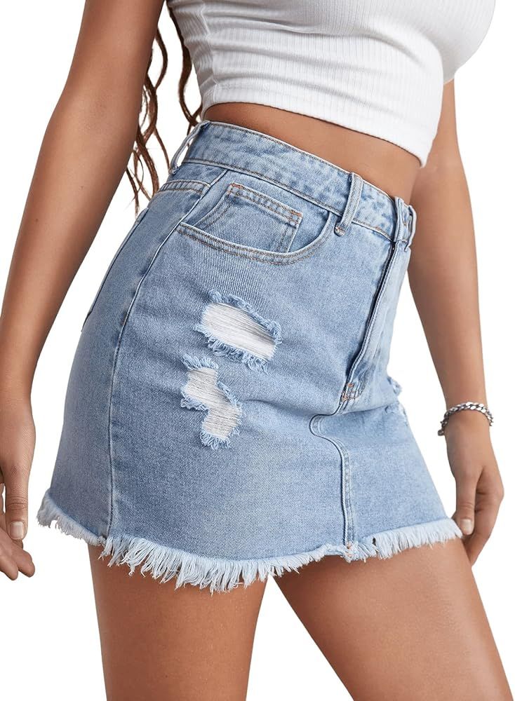 SweatyRocks Women's High Waisted Ripped Jean Skirt Raw Hem Mini Denim Skirts with Pocket | Amazon (US)
