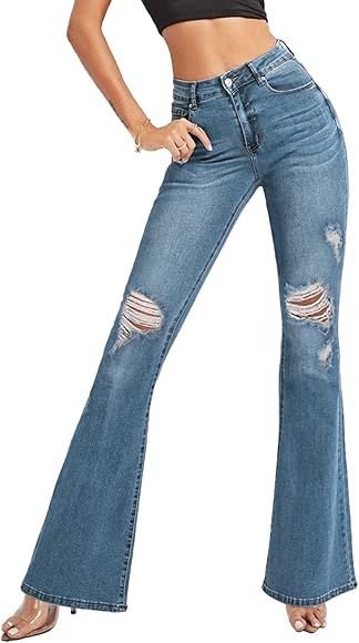 Drazup Flare Jeans for Women High Waist Stretch Ripped Bootcut Bell Bottoms | Amazon (US)