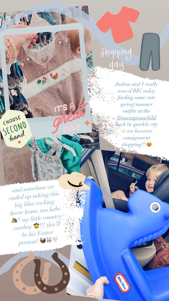 Judson and I really scored BIG today finding some cute spring/summer outfits at the @onceuponachild back in sparkle city ✨ we loveeeee consignment shopping!! 😍 and somehow we ended up taking this big blue rocking horse home, too hehe 🐴!! my little country cowboy 🤠!!! this’ll be his Easter present! 🧺🐰🤍

#LTKfamily #LTKSeasonal #LTKbaby
