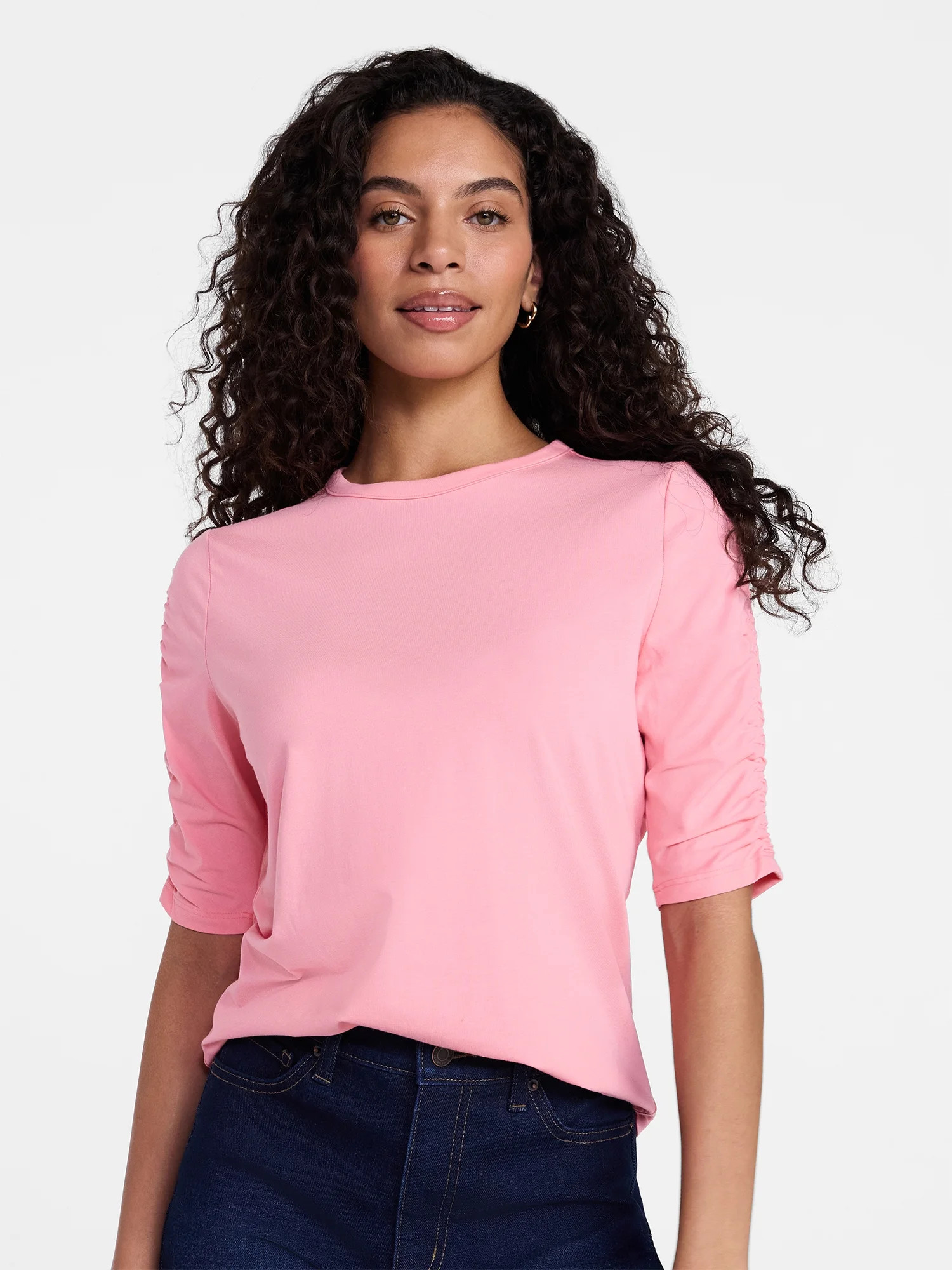 Time and Tru Women's Ruched Elbow Sleeve Tee, Sizes XS-XXXL | Walmart (US)