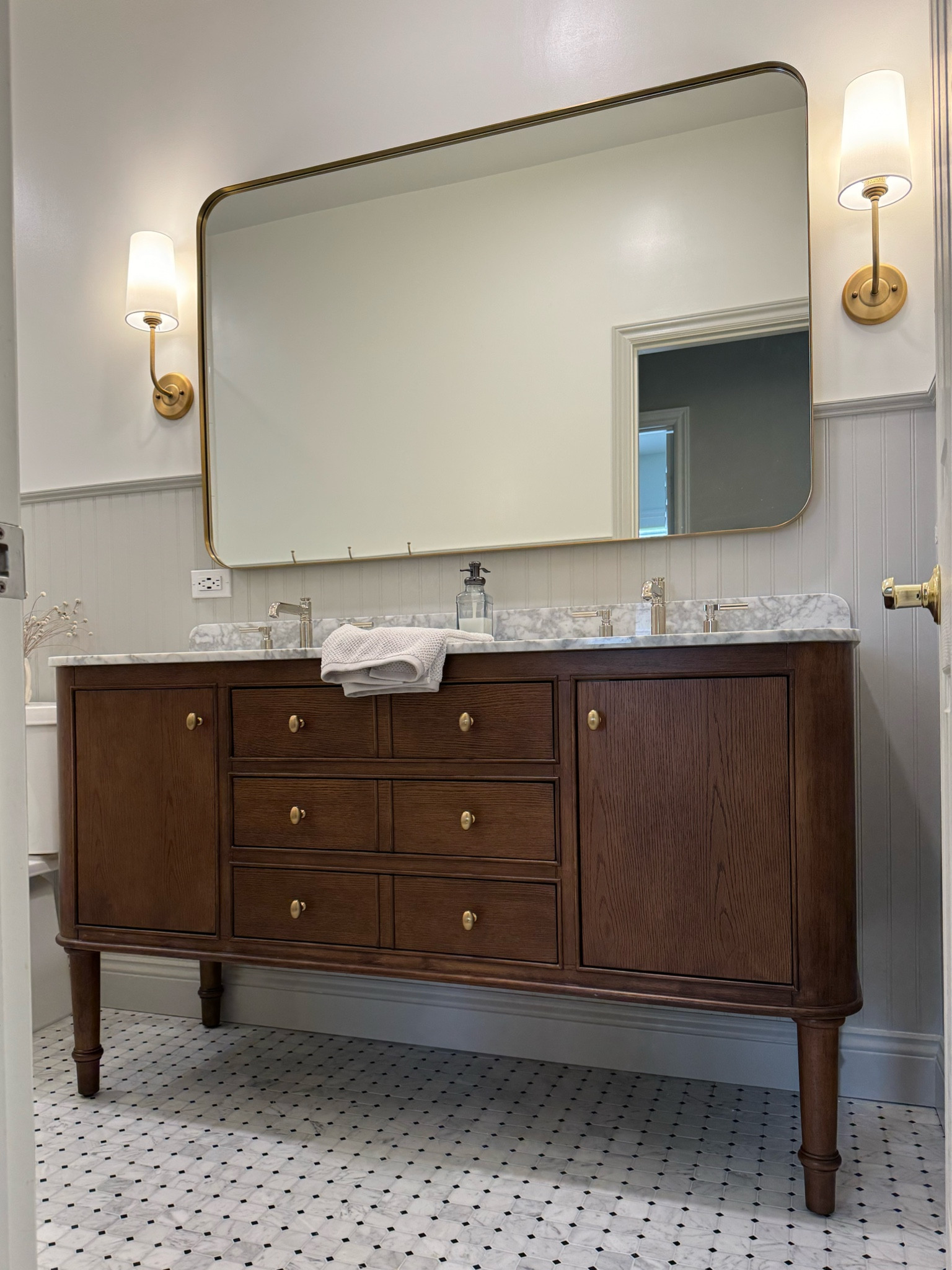 Double dark wood vanity back in stock! 60” vanity, walnut vanity, dark wood vanity 

#LTKSaleAlert #LTKSummerSales #LTKHome