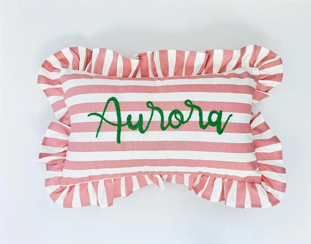 Personalized Pink Striped Ruffle Name Pillow Case, Custom Ruffle Slogan Pillow Cover, Baby Gift, ... | Etsy (US)