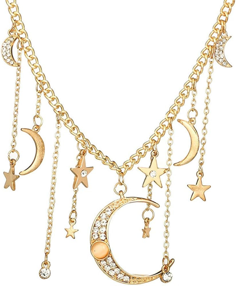 Moon and Star Necklace - Crystal Star Moon Tassel Rhinestone Crescent Pentagram Fringe Pendant fo... | Amazon (US)