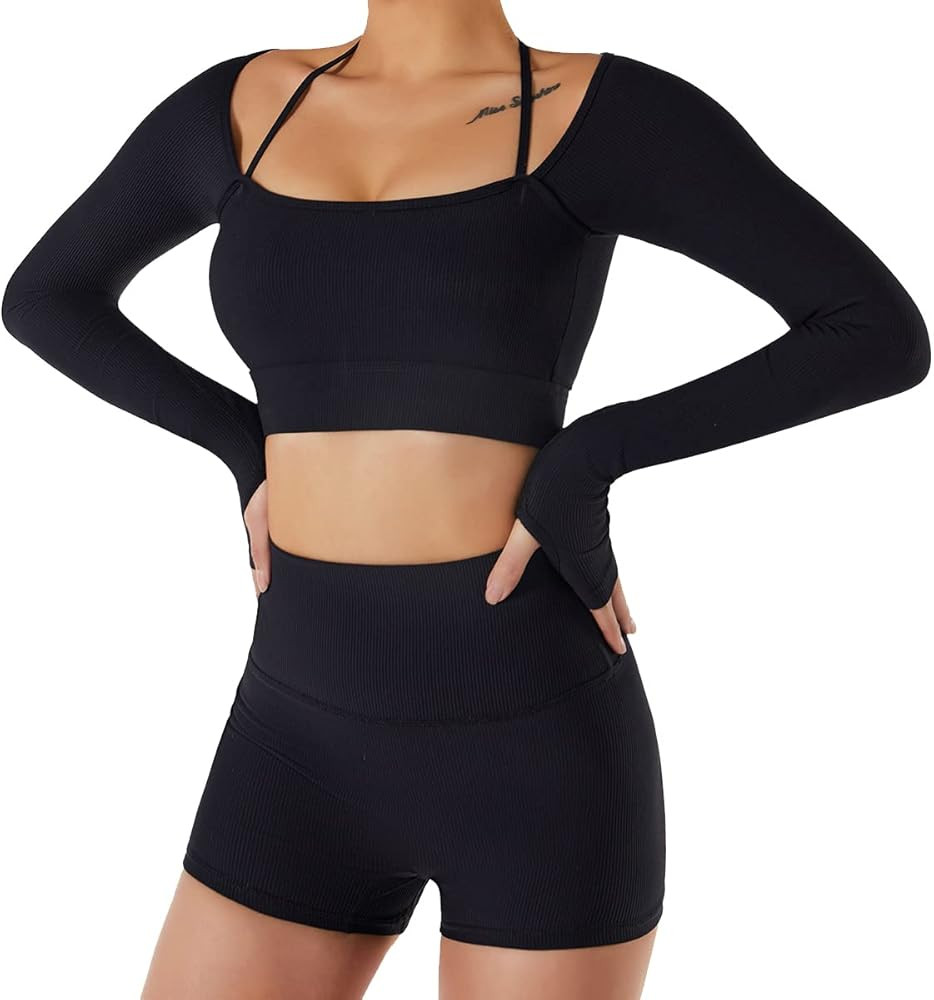 Amazon.com: QUANEISHA Women Workout Long Sleeve Crop Tops Yoga Outfits Halter Sports Bra Padded W... | Amazon (US)