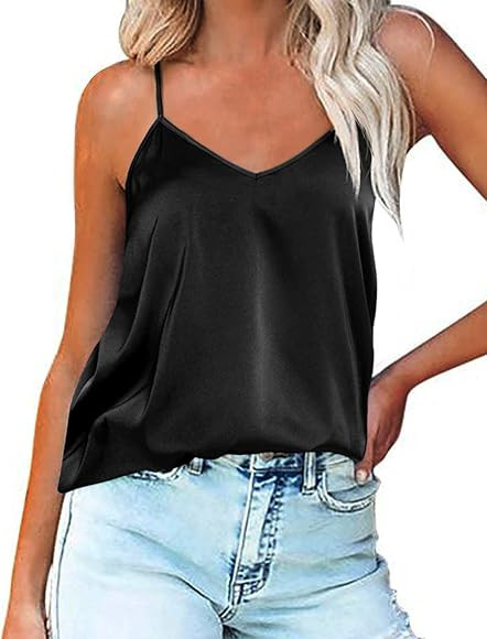 Ekouaer Womens Silk Satin Tank Top V Neck Camisole Cami Spaghetti Strap Top Summer Basic Blouses | Amazon (US)