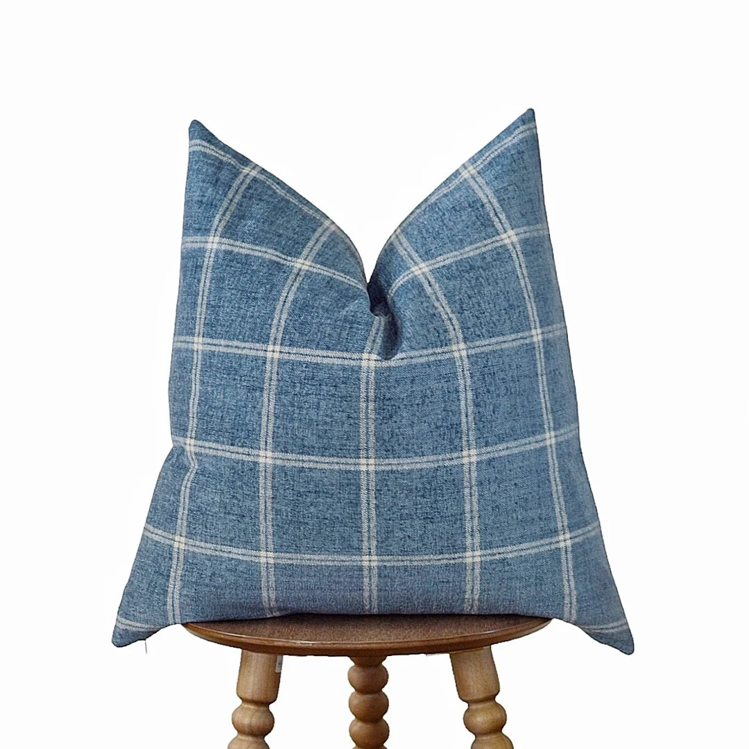 Dark Blue Windowpane Chenille Pillow Cover | Etsy (US)