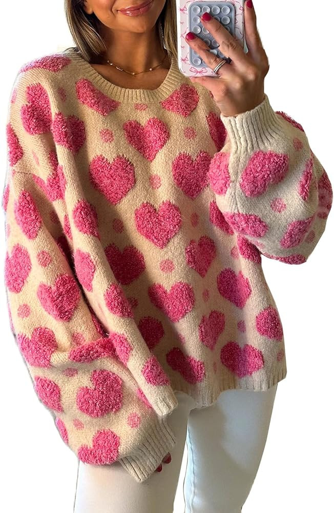 Women Valentines Day Sweater Long Sleeve Embroidery Heart Sweater Oversized Knitted Pullover Jump... | Amazon (US)