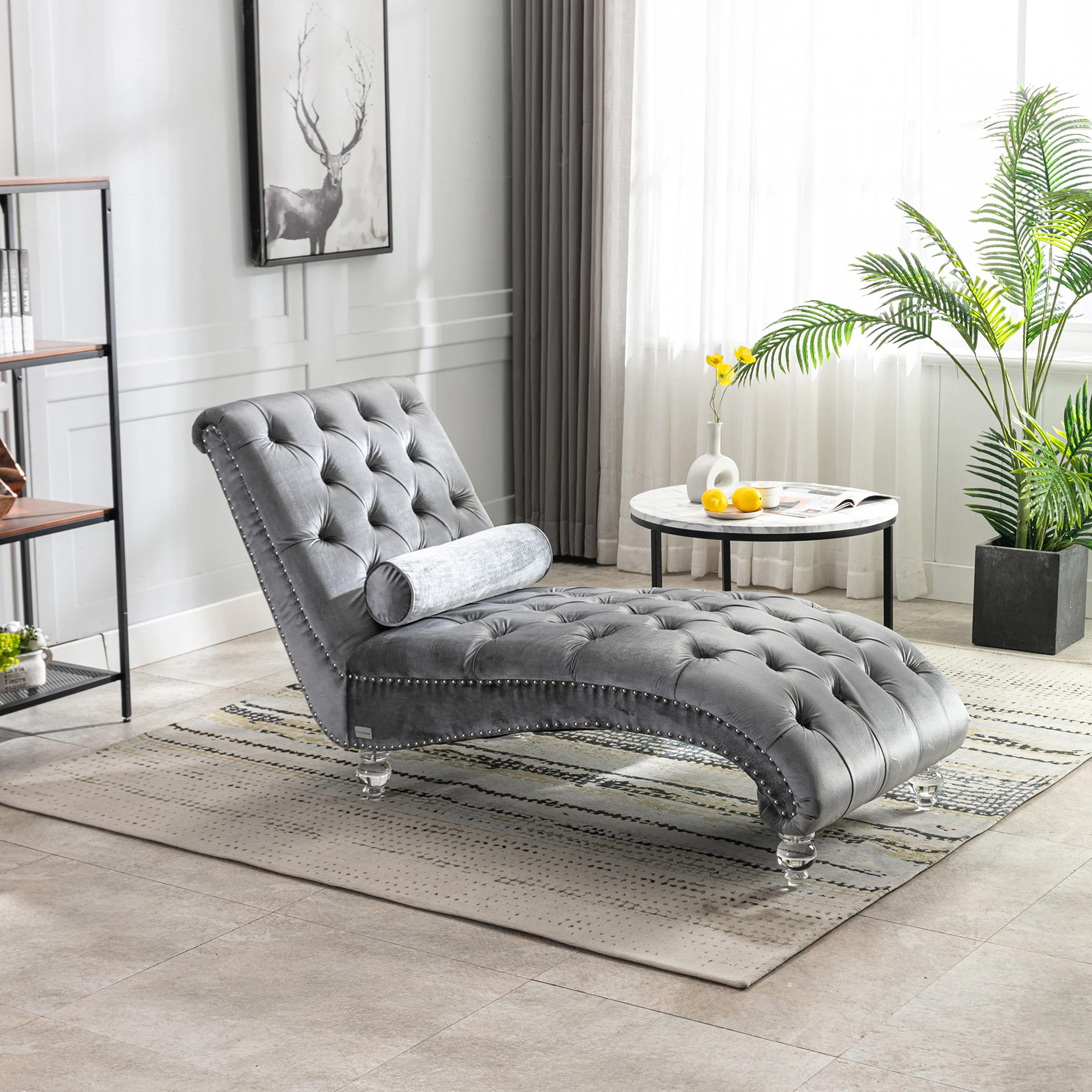 LOVMOR Velvet Chaise Lounge Indoor Button Tufted Upholstered Chaise Lounge Chair with Pillow for Bedroom Living Room Office Silver Velvet | Lowe's