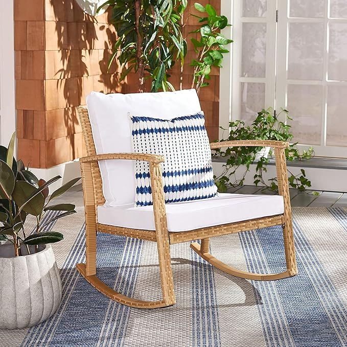 SAFAVIEH Outdoor Collection Daire Woven Natural/White Cushion Rocking Chair for Patio Porch Backy... | Amazon (US)