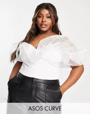 ASOS DESIGN Curve organza ruffle bardot top in white | ASOS (Global)