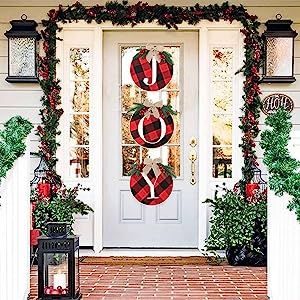 OurWarm Joy Sign Christmas Wreaths Decorations for Front Door, Buffalo Plaid Decor Rustic Burlap ... | Amazon (US)