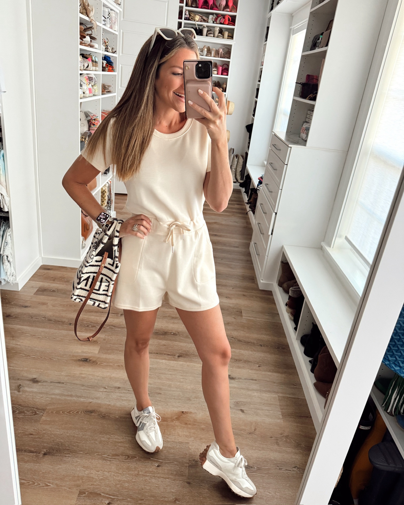 In a medium drawstring waist romper, sneakers, sunglasses and accessories for casual outfit - all fits TTS.

#LTKfindsunder50 #LTKSeasonal #LTKstyletip