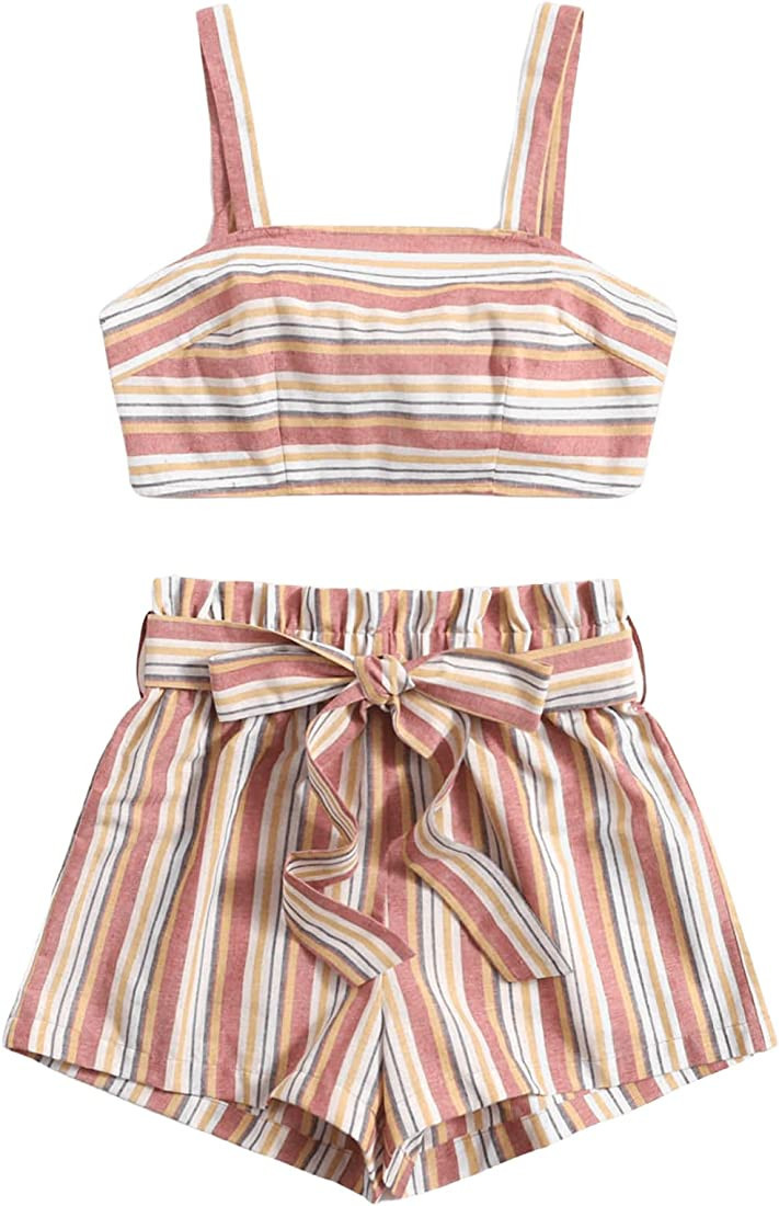 SweatyRocks Women's 2 Piece Outfits Summer Sleeveless Tie Back Crop Cami Top and Shorts Set | Amazon (US)