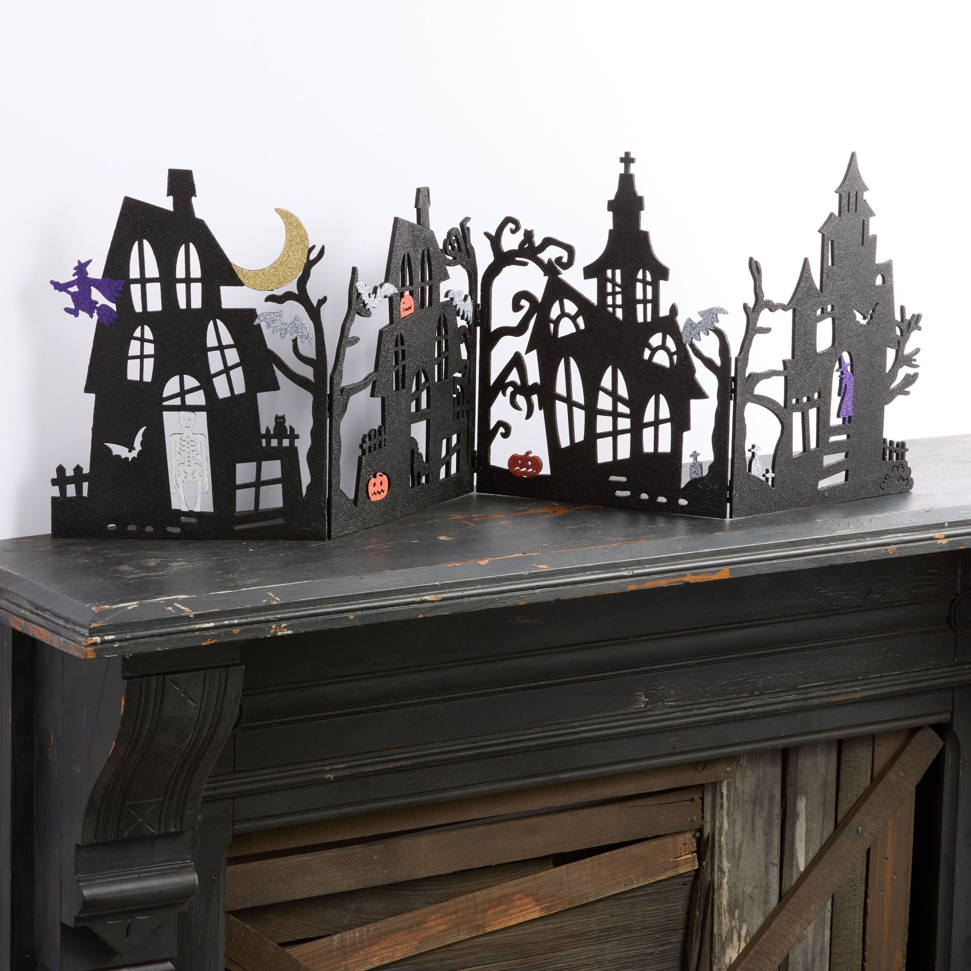 Laser Cut Wood Black Glitter Halloween Folding Scene Decor | World Market