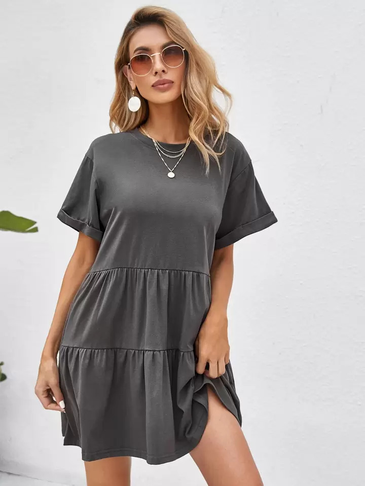 SHEIN VCAY Rolled Cuff Ruffle Hem Babydoll Dress | SHEIN