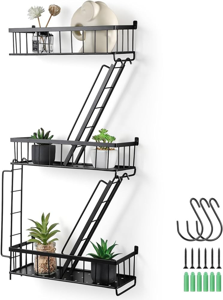 SweetSage Fire Escape Wall Shelf - Wall Mounted Floating Shelf with 3 Hooks, Black Metal Hanging ... | Amazon (US)