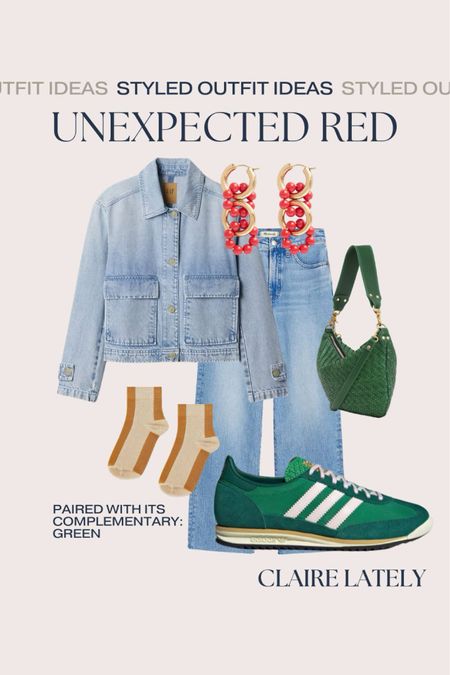 How to style the unexpected red theory - with its complementary color green. Red earrings paired with adidas sneakers, Clare v. Bag, tailored union socks, denim on denim acts as a neutral base. 
See all 6 ideas in my Styled Looks Collection on the LTK APP. 
❤️ Claire Lately 

#LTKshoecrush #LTKstyletip #LTKitbag