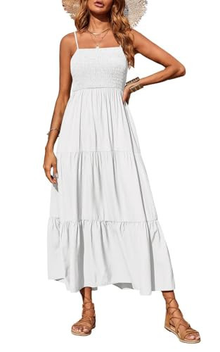 PRETTYGARDEN Women's Summer Maxi Dress 2026 Casual Boho Sleeveless Spaghetti Strap Smocked Tiered Long Beach Sun Dresses (White,M) | Amazon (US)