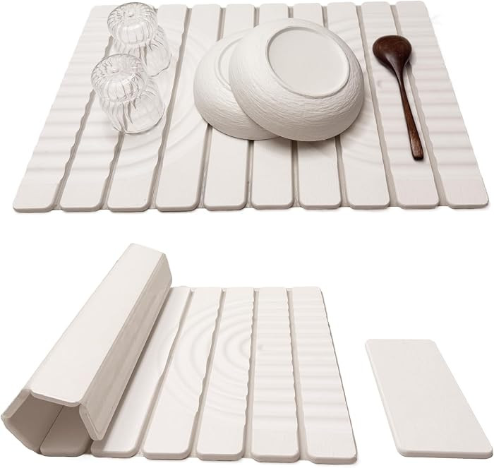 Stone Drying Mat for Kitchen Counter, 23.62"X15.35" Absorbent Diatomaceous Collapsible Quick Drying Dish Mats，Roll This Non-Slip Highly Absorbent Drying Mat Into a Compact Size for Seamless Storage | Amazon (US)