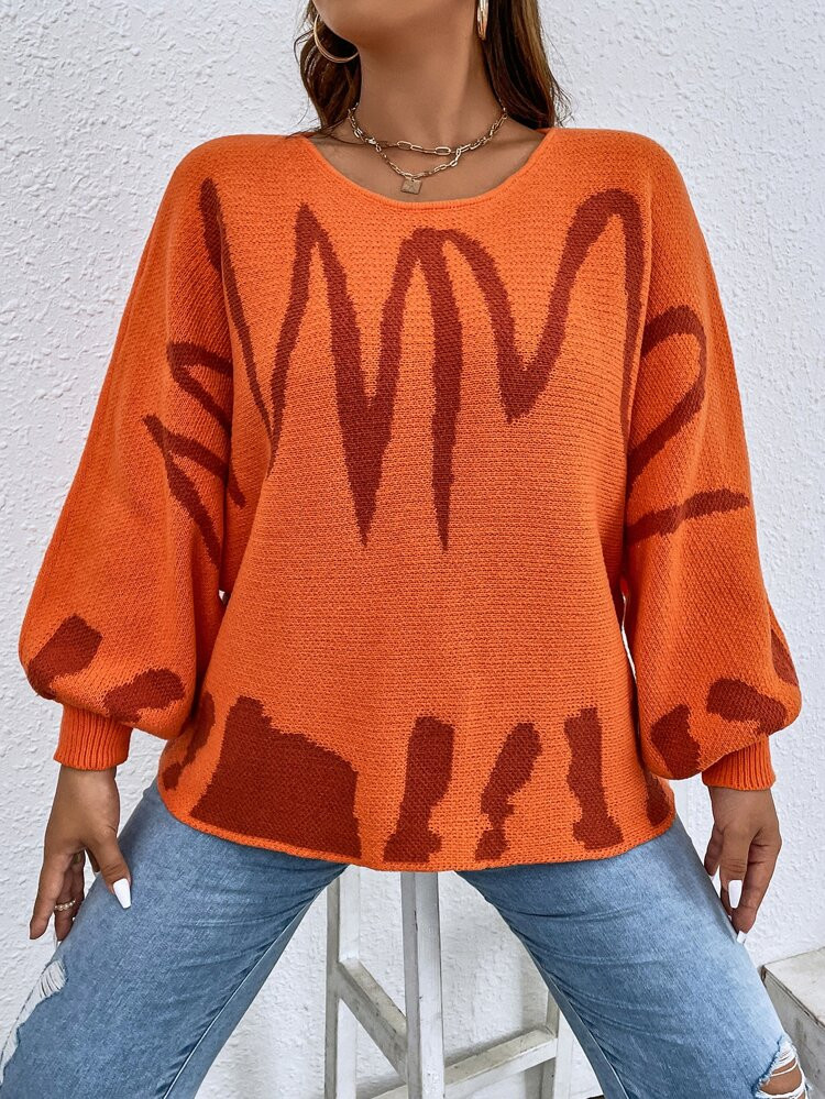 Plus Graphic Pattern Bishop Sleeve Sweater | SHEIN