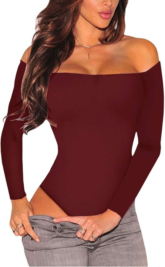 Lrady Women's Long Sleeves Bodysuit Off Shoulder Leotard Jumpsuits Rompers Tops | Amazon (US)