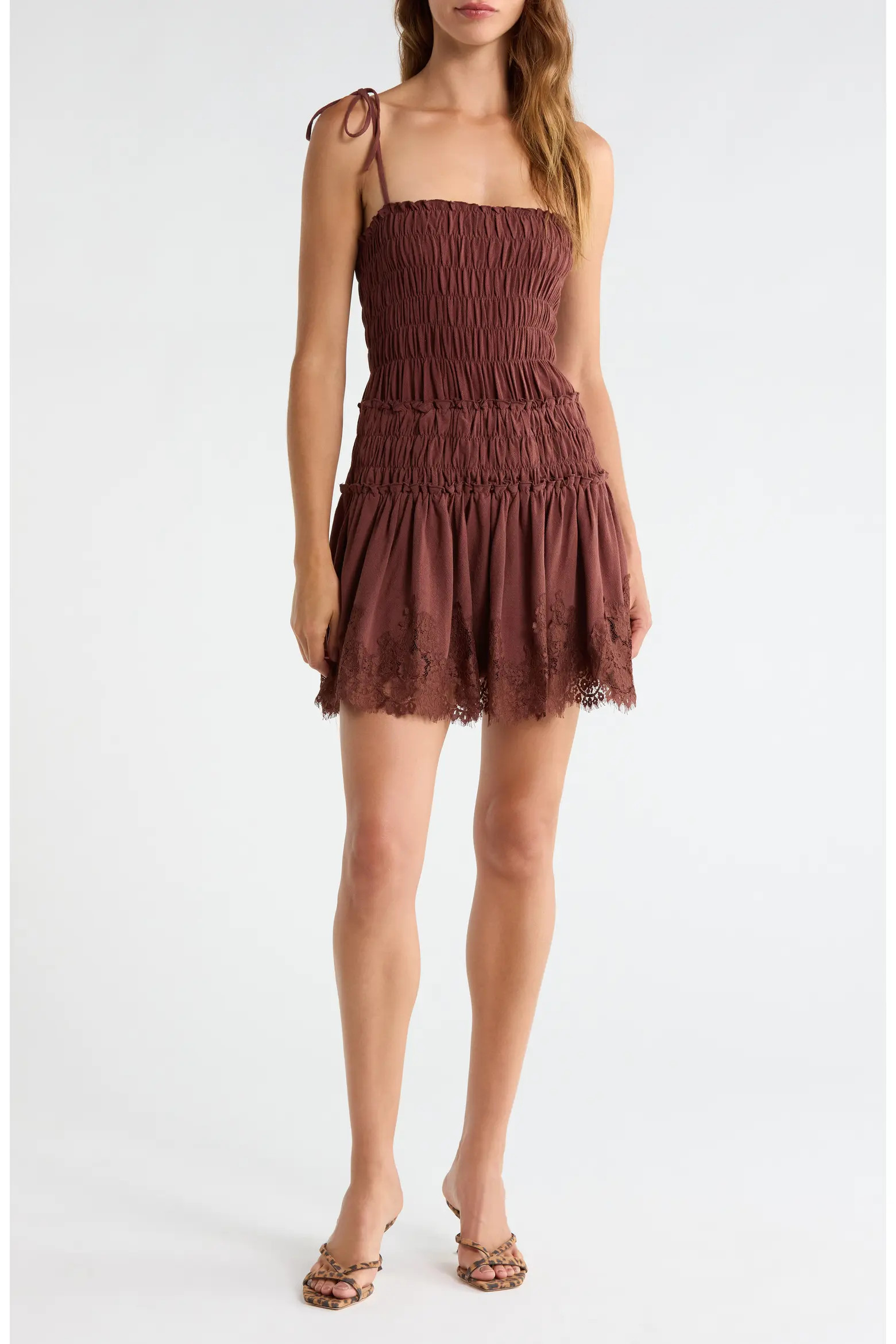 All in Favor Shirred Tie Shoulder Lace Trim Minidress (Women) | Nordstrom | Nordstrom