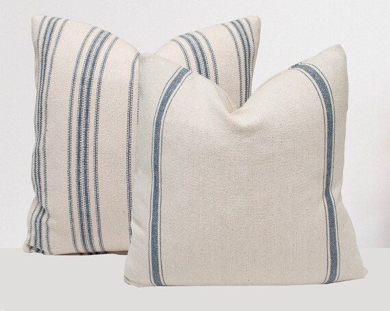 Blue Grain Sack Pillow Cover - Feed Sack Stripe Ticking, Zippered Throw Pillow Cover, Modern Farm... | Etsy (US)