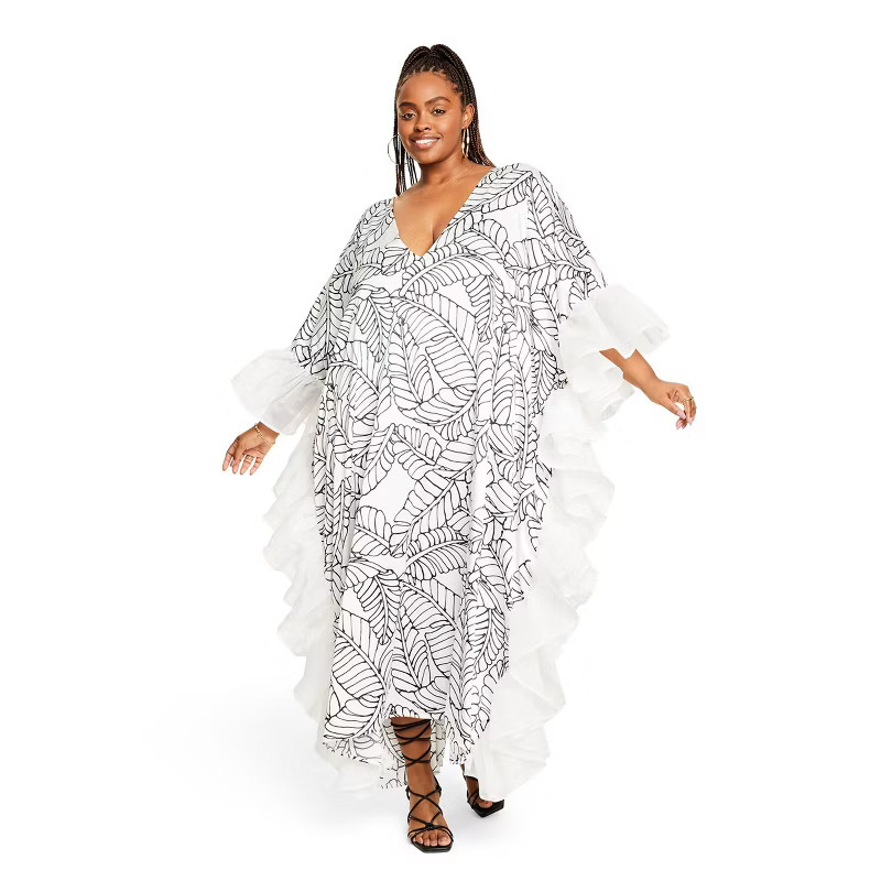 Women's Sketch Palm Leaf Print Ruffle Trim Cover Up Dress - Fe Noel x Target Black/White | Target