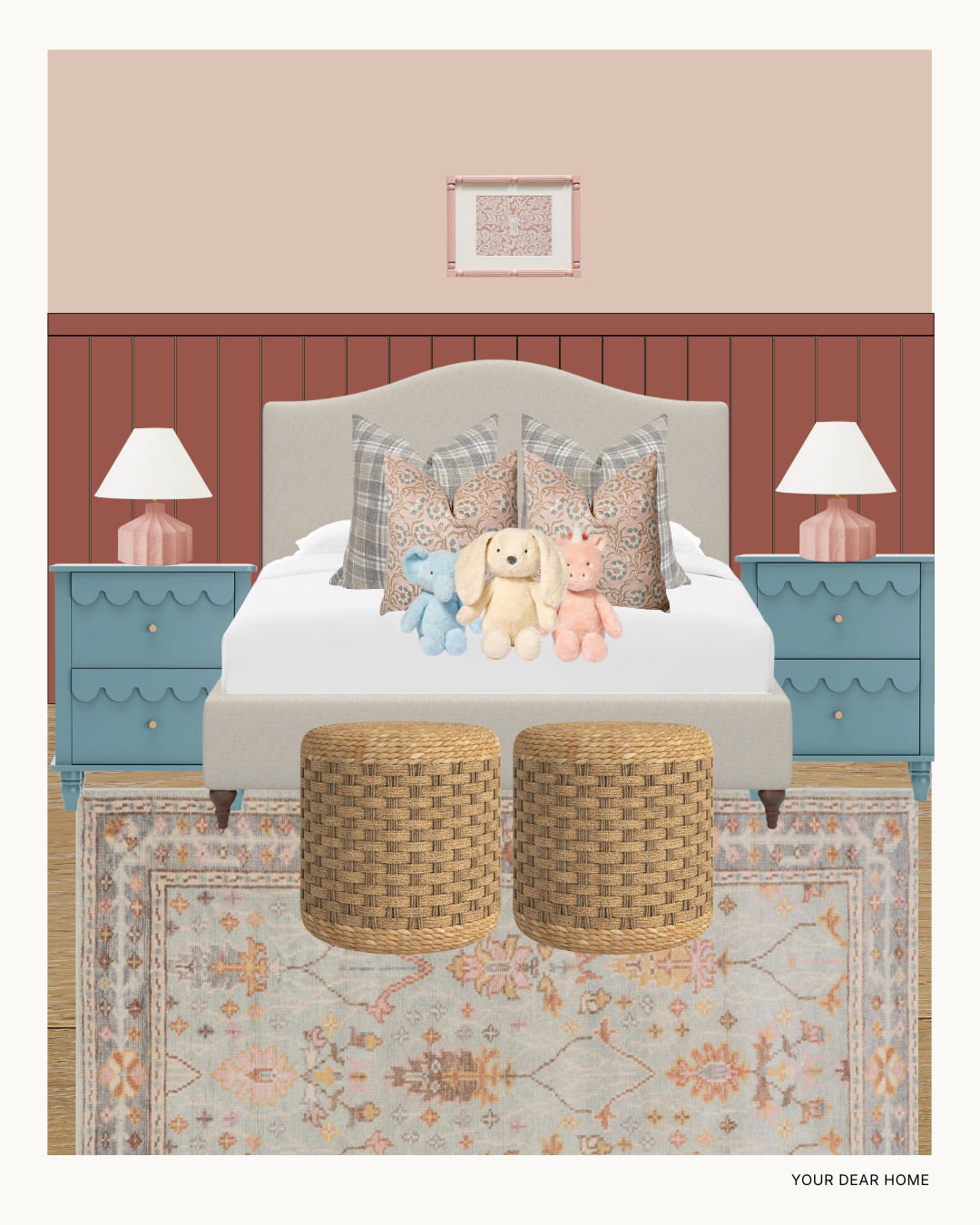 A slightly moodier kids bedroom, and it works so well 🤎 The deeper wall color adds richness, while soft patterns and woven stools bring in warmth and texture. This is perfect if you want a space that feels cozy, layered, and timeless. 

 #LTKHome #LTKBaby #LTKKids