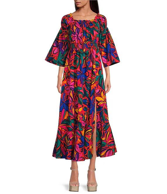Sugarlips Rainbow Tropics Off-the-Shoulder Bell Sleeve Smocked Waist Poplin Maxi Dress | Dillard'... | Dillard's