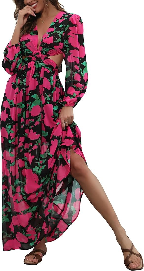 LYHNMW Women's Summer Casual Floral Print Waist Cut Out Maxi Dress Long Sleeve Flowy Long Beach D... | Amazon (US)