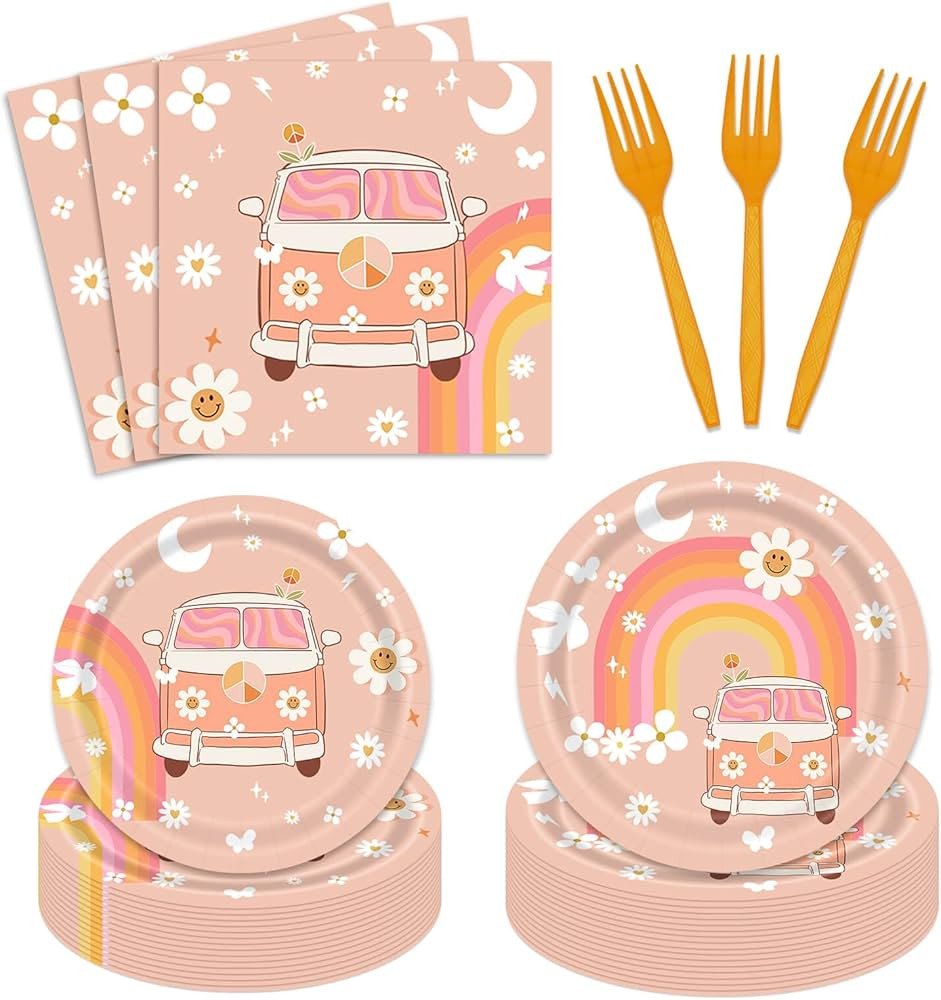96 PCS Groovy Party Decorations Retro Daisy Flower Hippie Tableware Kit for Girls Birthday Party ... | Amazon (US)