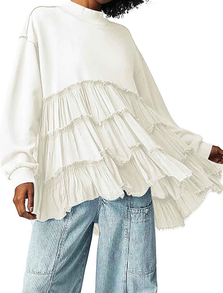 Lauweion Women's Flowy Oversized Sweatshirt Mini Dress Long Sleeve Ruffle Hem Patchwork Pleated M... | Amazon (US)
