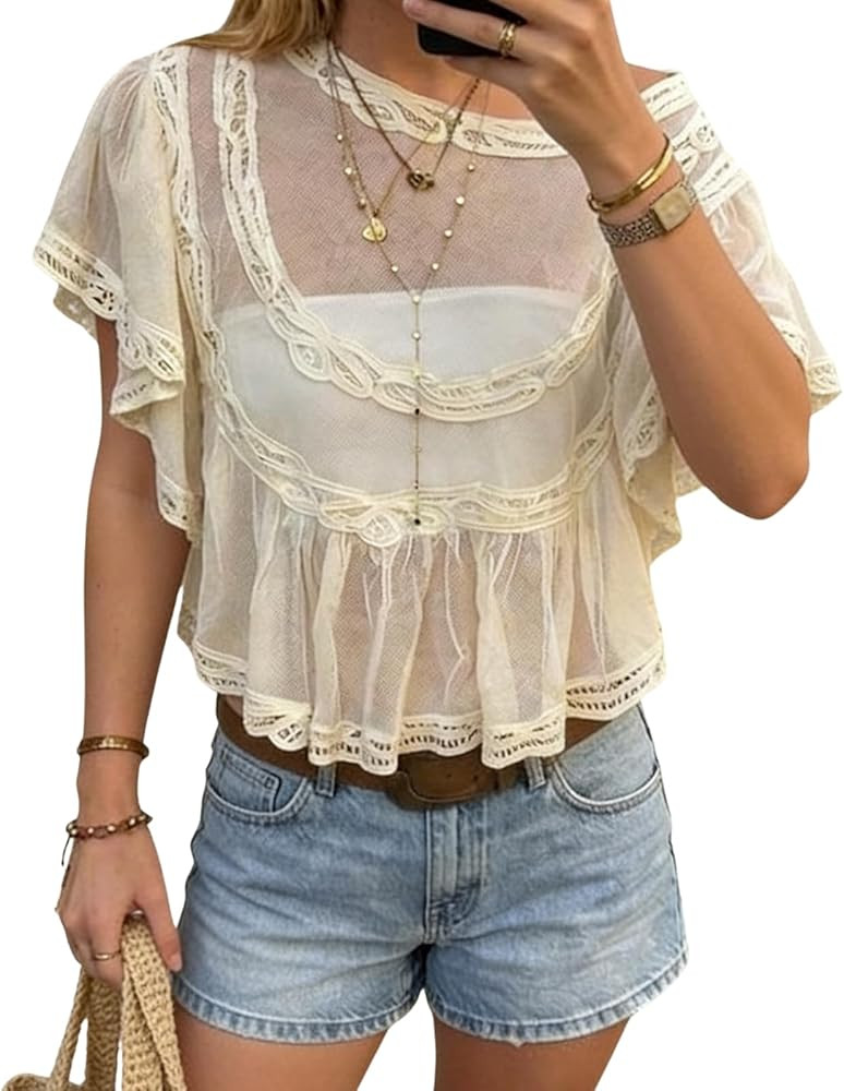 Women Sheer Poncho Top Lace Boho Ruffle Mesh Babydoll Cape Summer Going Out Shawl Beach Cover Up | Amazon (US)
